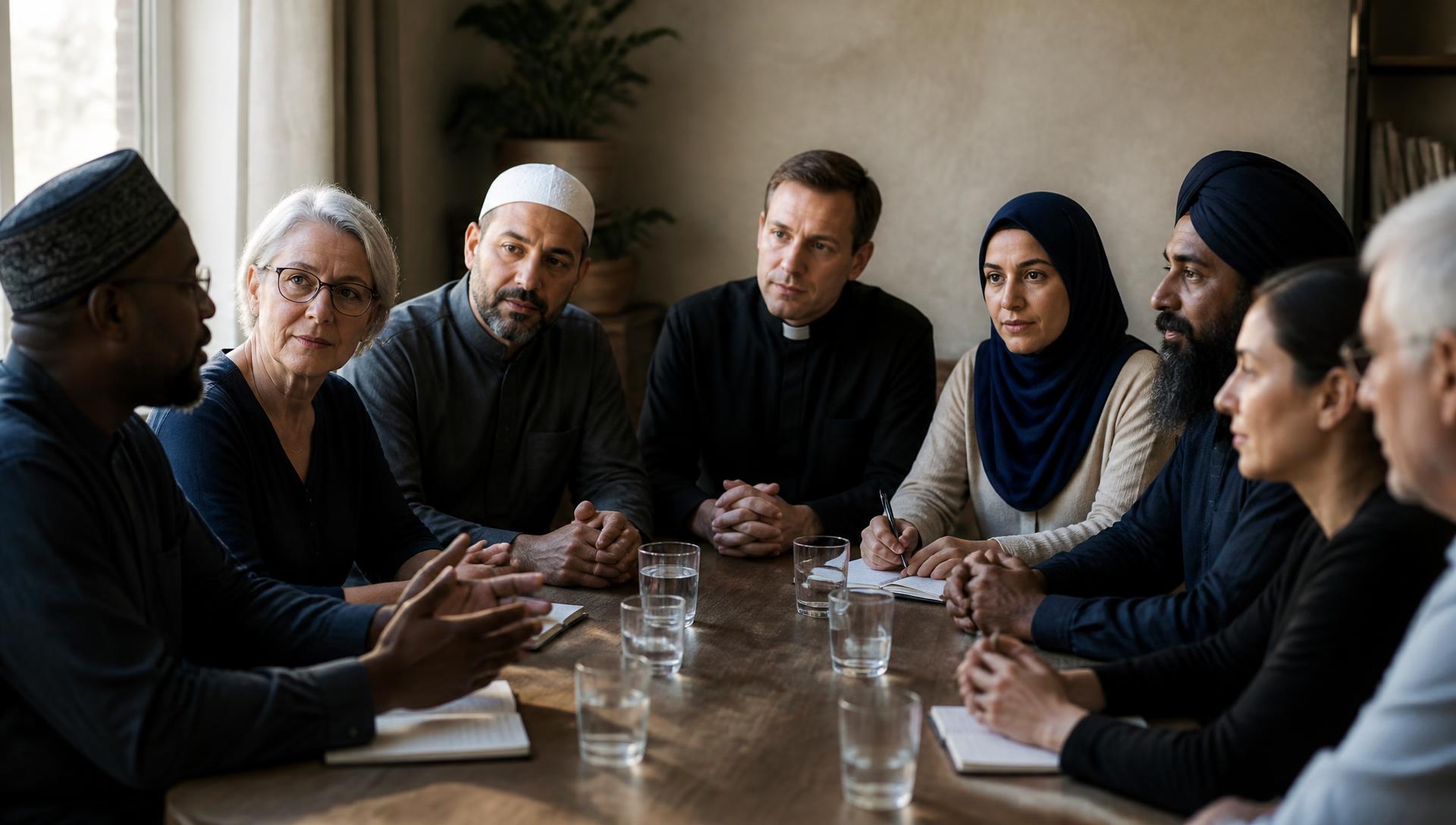 Faith leaders and community members of different backgrounds in conversation around a table